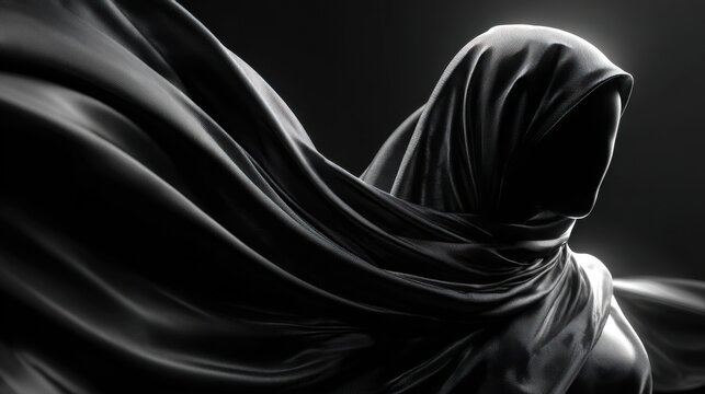A figure dressed in a dark, flowing garment stands still, the fabric billowing dramatically. Soft light highlights the contours of the drapery, creating an aura of mystery in the dark setting.