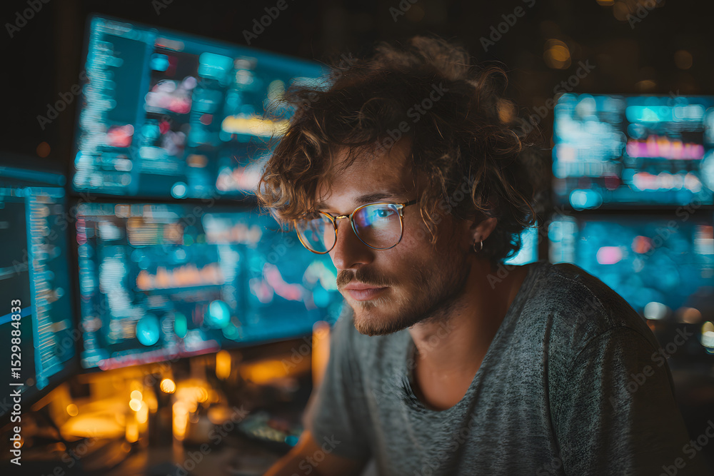 Poster cybersecurity specialist analyzing data on multiple monitors