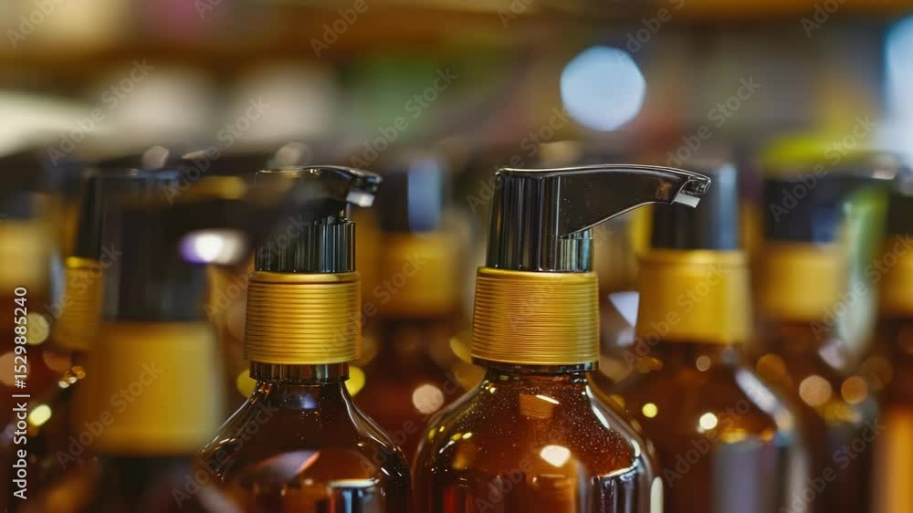 Poster a collection of bottles on a table, suitable for use in illustrations or designs related to chemistr