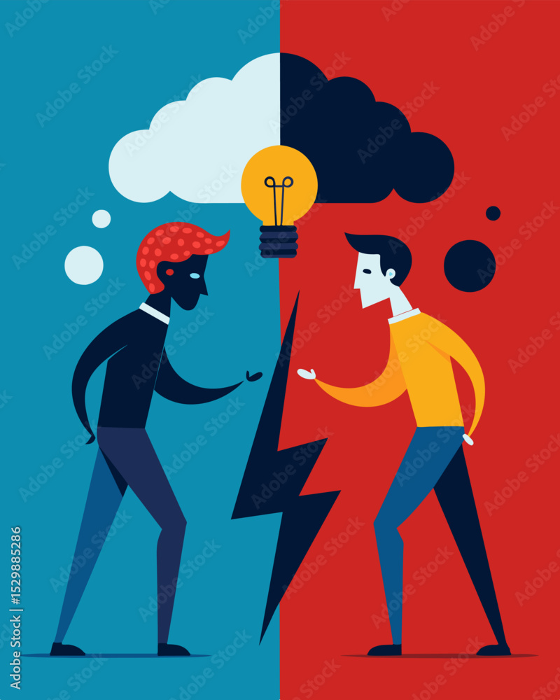 Poster two competing ideologies each fighting for control over ones mind.. vector illustration