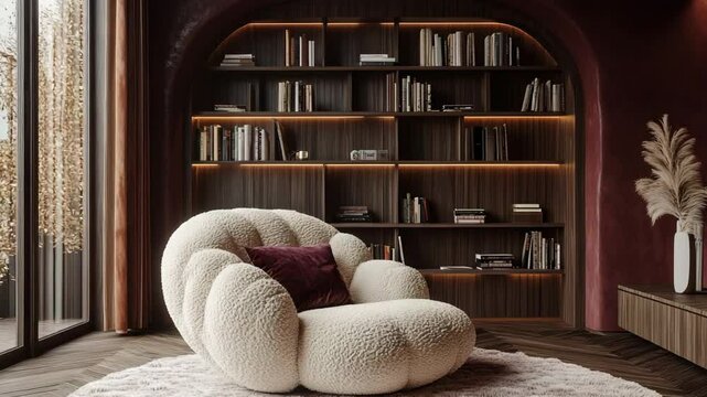 Home library with curved armchair and shelves full of books creating cozy reading nook