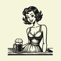 Black and white flat vector illustration of a sexy female bartender with deep neckline serving beer in a glass mug at the bar. Vintage logo-style, ideal for pub or Oktoberfest design.