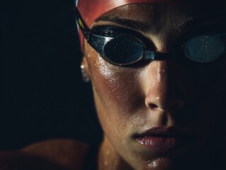 close-up portrait of female swimmer with goggles, generative ai