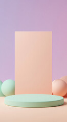 Teal podium with a beige rectangular backdrop and spheres on a split pastel background. Modern stage providing a creative, geometric display. Perfect for contemporary brand themes.