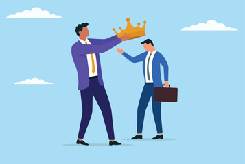 Vector illustration of a businessman crowning another businessman, symbolizing leadership, recognition, mentorship, and the passing of authority or honor in a professional setting
