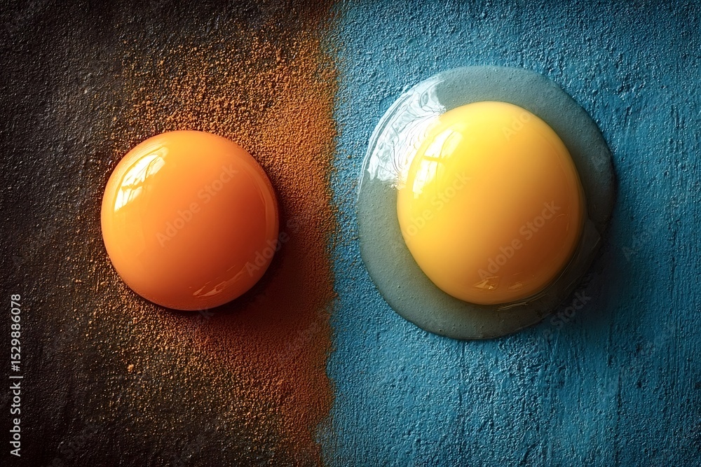 Poster two separated and raw egg yolks are laying on a textured two-tone background, creating a color contr