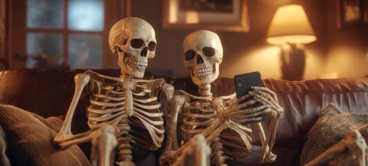 The skeleton couple enjoying time together on a couch with a smartphone.