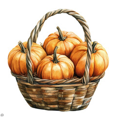 watercolor vector of Harvest Basket Full Pumpkins, isolated on a white background.