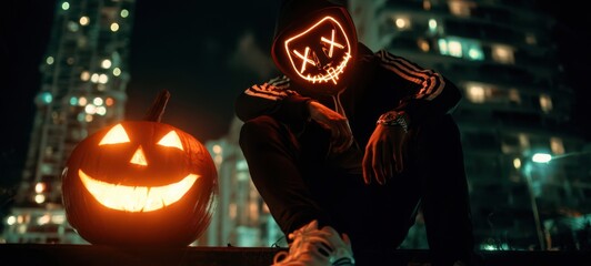 The illuminated pumpkin and masked figure create a spooky Halloween atmosphere.