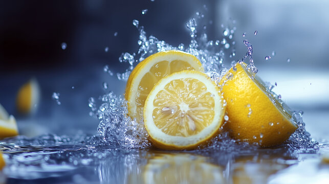 Fresh lemon slices with water splash, Juicy citrus fruit and dynamic water droplets