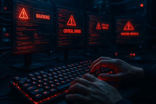 Cybersecurity Command Center with Hacker Typing on a Glowing Keyboard and Multiple Screens Displaying Digital Warning Critical Errors for Network Threat Detection and Data Protection