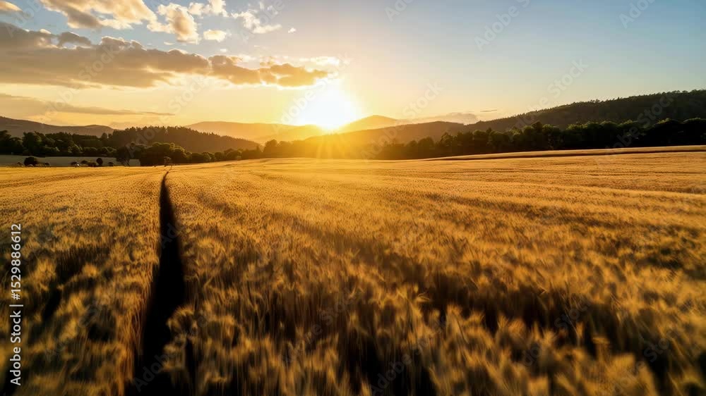 Poster golden wheat field with path at sunset, creating a serene landscape with hills and trees in backgrou