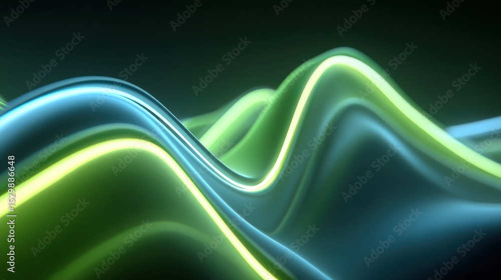 Poster curving lines in shades of green and blue flow together in an abstract display. the interplay of lig