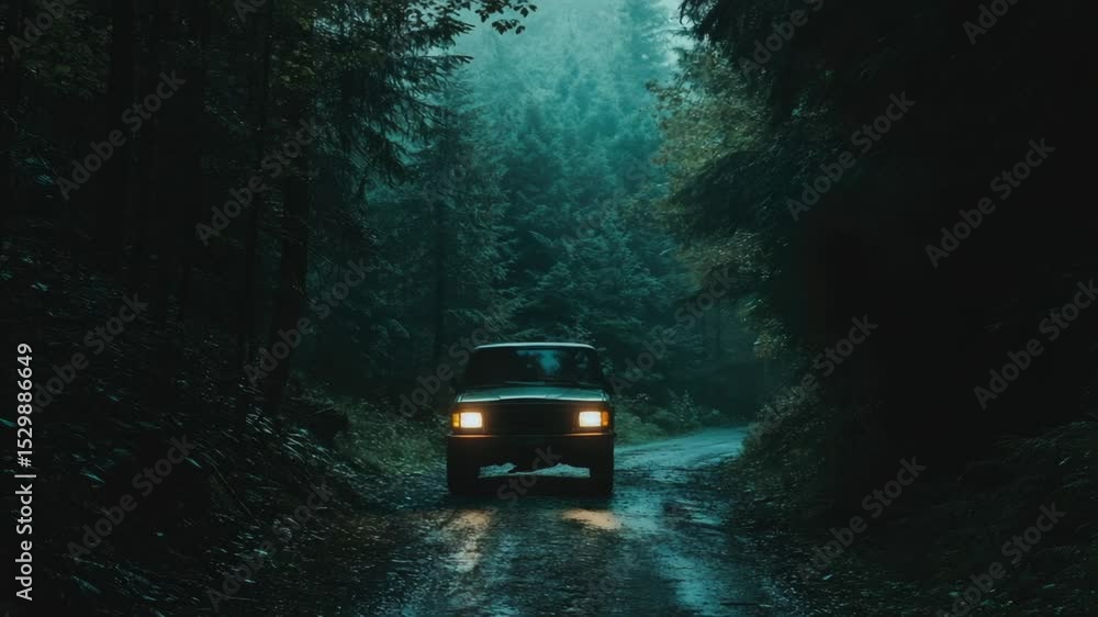 Poster a vehicle navigating through a forested area on an unpaved road, suitable for adventure, travel or n