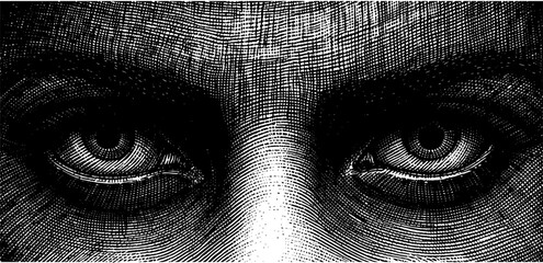 Intense and Contemplative Human Eyes in Stippled Engraving Style in Black and White, Highlighting Expressive Gaze and Detailed Skin Texture