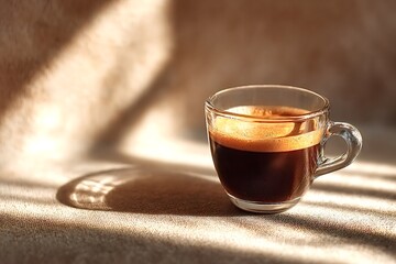 Transparent glass cup filled with fresh hot espresso coffee sits on a linen tablecloth, illuminated by warm morning sunlight creating a cozy and inviting atmosphere