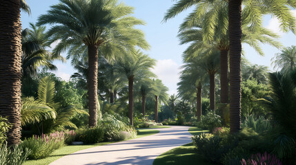 Fototapeta premium Tropical garden pathway, Serene palm tree walkway