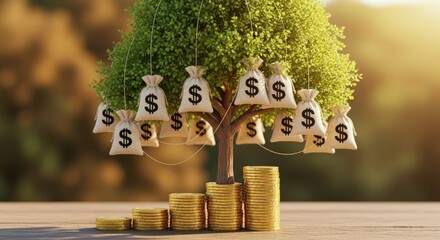 A money tree with bags of dollars hanging from it and stacks of coins at the base of the tree