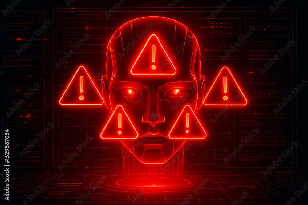 Fototapete futuristic warning hologram of an ai robot head emitting red glowing alert symbols for cybersecurity