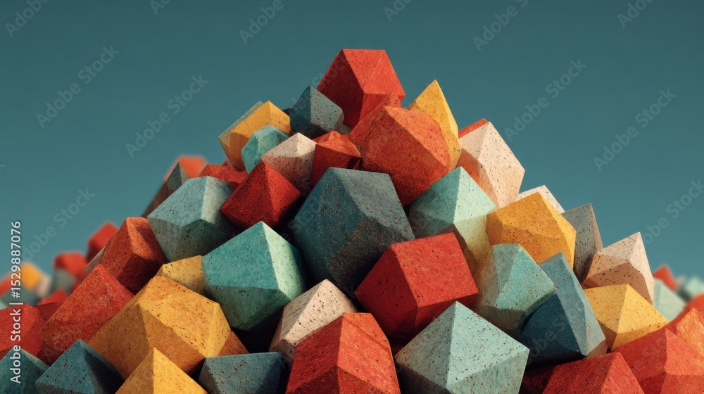 Poster a striking collection of colorful geometric shapes forms a vibrant mound against a clear blue sky. t