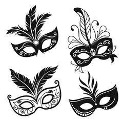 Elegant Black and White Carnival Masks with Feathers