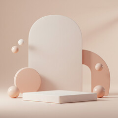 Beige podiums with an arch, spheres, and abstract shapes on a light beige background. Soft stage providing a warm, creative display. Perfect for natural beauty or lifestyle products.