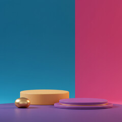 Orange and teal podiums on a split background with spheres. Modern stage offering a vibrant, color-block display. Perfect for creative or contemporary brand themes.
