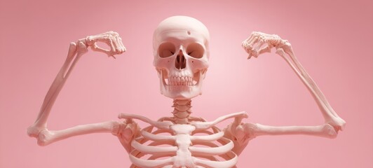 The skeleton demonstrating strength and confidence against a pink background.