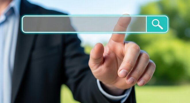 A person in a suit pointing at a digital search bar with a magnifying glass icon on a green background