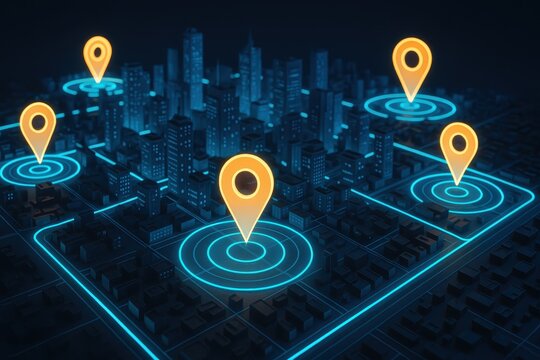 Advanced geofencing technology mapping urban areas with location pins