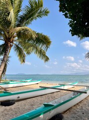Palm trees and kayaks on the soft sandy shoreline of a Hawaiian beach on the island of O'ahu, Hawai'i on a sun-soaked day in summer. 