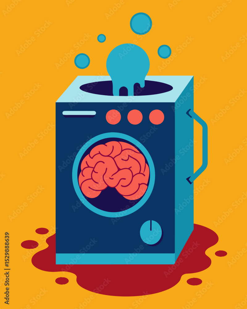 Poster the insidious process of brainwashing rendered tangible in the form of a sentient washing machine.. 
