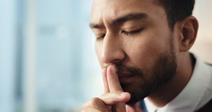 Serious, thinking and man with project, office and paralegal with ideas for case, justice and legal. Law firm, employee and person with strategy for trial, reflection and planning for constitution