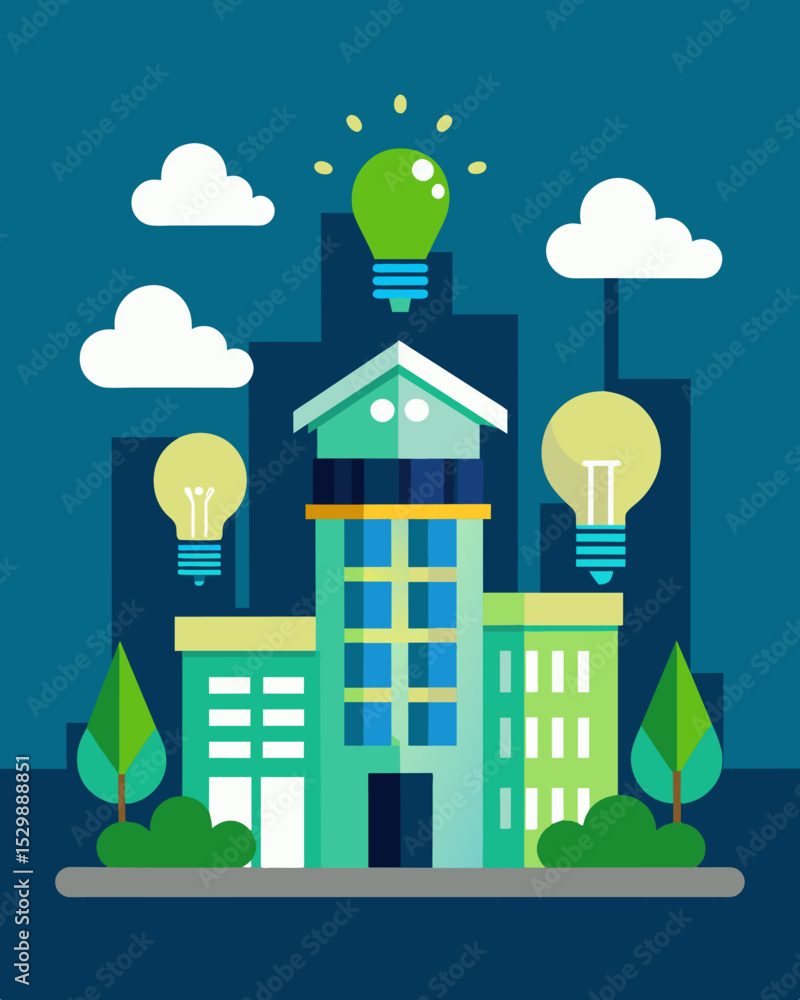 Poster a building uses energyefficient led light bulbs and motion sensor lighting to minimize waste.. vecto