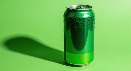 A green aluminum soda can with water droplets sits on a matching green background casting a dark shadow near it