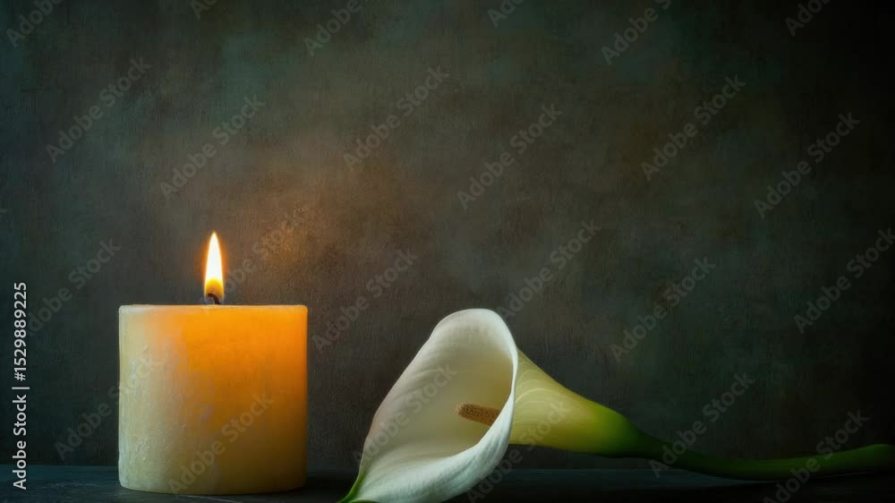 Poster a simple yet elegant setup featuring a candle and a flower on a table, perfect for a quiet evening o