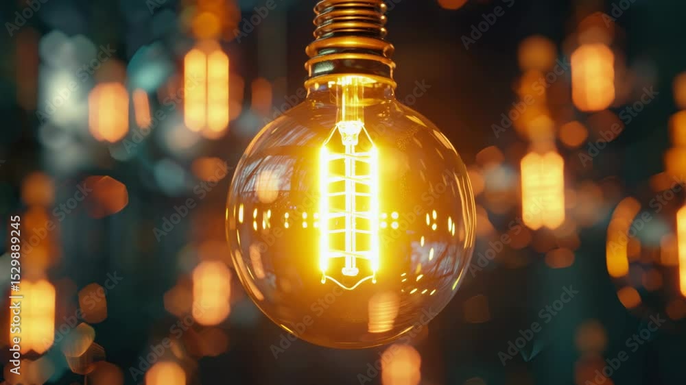 Poster A close-up shot of a single light bulb surrounded by multiple lights in the background