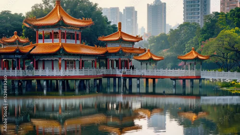 Poster A bridge spanning a body of water with a building in the background, ideal for use in architectural or urban planning images
