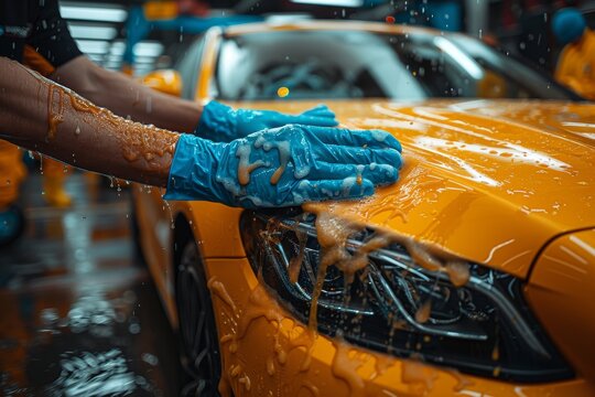 Hands in blue gloves carefully wash a shining yellow car, portraying attention to detail and the satisfaction that comes from maintaining personal possessions and pride in ownership.