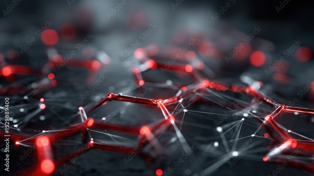 Poster interconnected molecules with red highlights and black background create an intriguing visualization