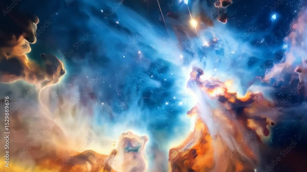 Poster abstract celestial view of colorful nebula clouds with shining stars in a deep blue, orange and yell