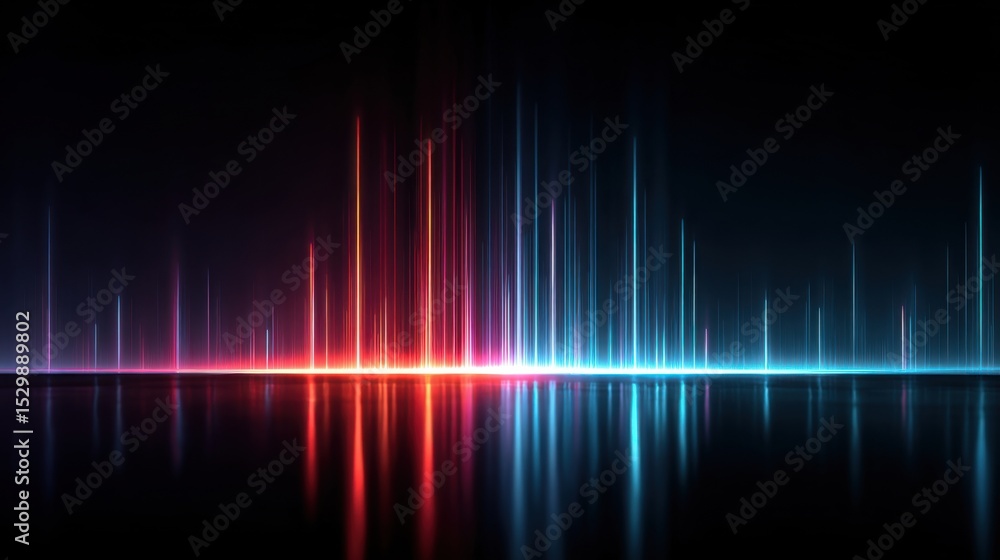 Poster brilliant light waves rise and fall in varied colors, reflecting off a sleek surface in a dark setti