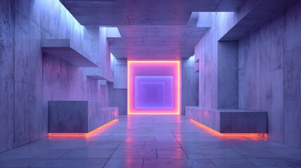A modern corridor features abstract concrete walls illuminated by vibrant neon purple and orange lights, creating a surreal atmosphere. The design emphasizes depth and geometric shapes.