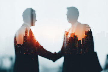 Two businessmen engage in a handshake with a stunning city skyline in the background.