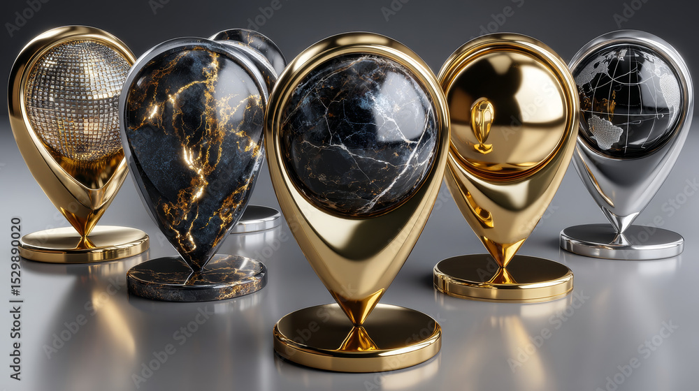 Poster golden map pins set. 3d gold pointers isolated on white background. location symbols in various angl