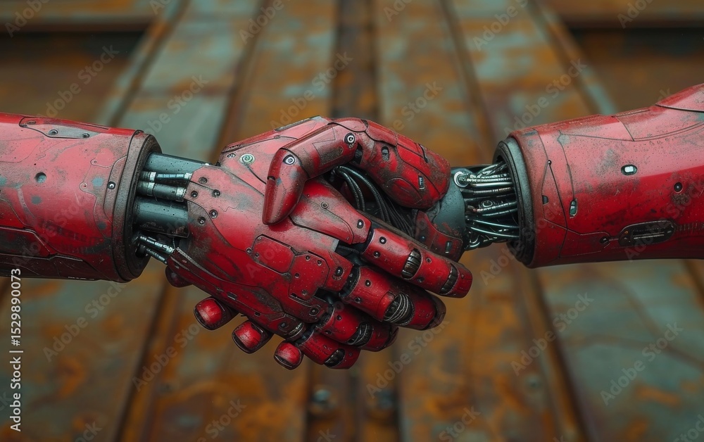 Aufkleber a close-up view of two red robotic hands in a handshake, representing collaboration and unity betwee