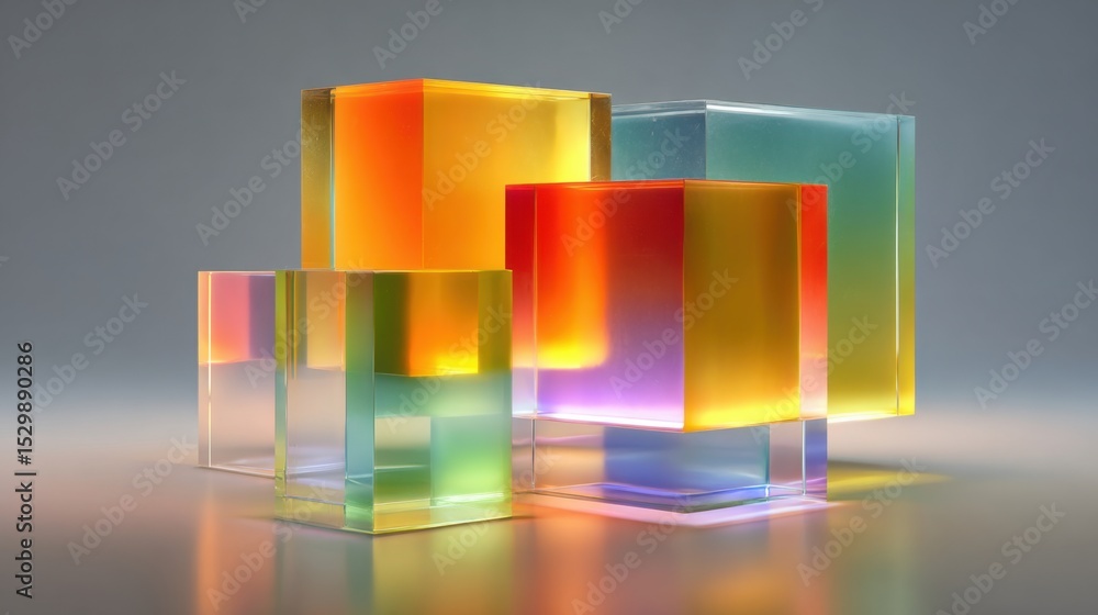 Poster a group of translucent glass cubes in various colors is stacked creatively on a smooth surface. the 