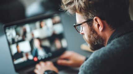 Virtual meeting with multicultural team on laptop home office environment remote work concept