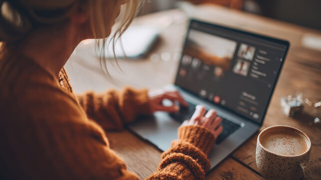 A woman engages in a virtual meeting with her multicultural team fostering collaboration.