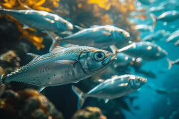 Naklejka premium A mesmerizing underwater scene featuring a school of fish swimming gracefully through vibrant kelp, capturing the beauty of marine life and the serenity of underwater exploration.